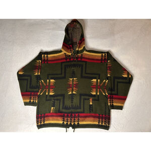 RUMIÑAHUI Wool Knit Hooded Full Zip Aztec Geometric Hoodie XL Green Red